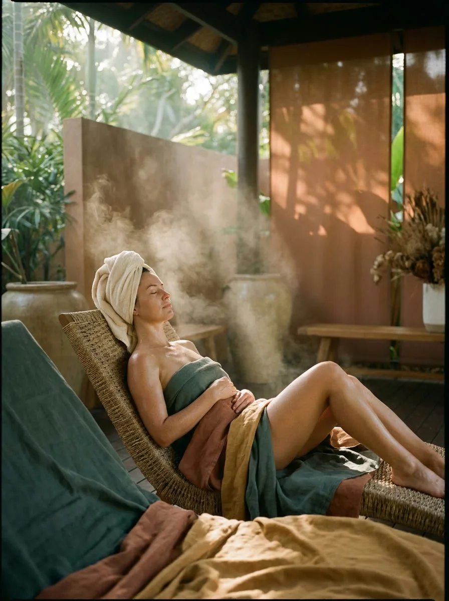An esthetician’s hands smoothing cream across a woman’s forehead