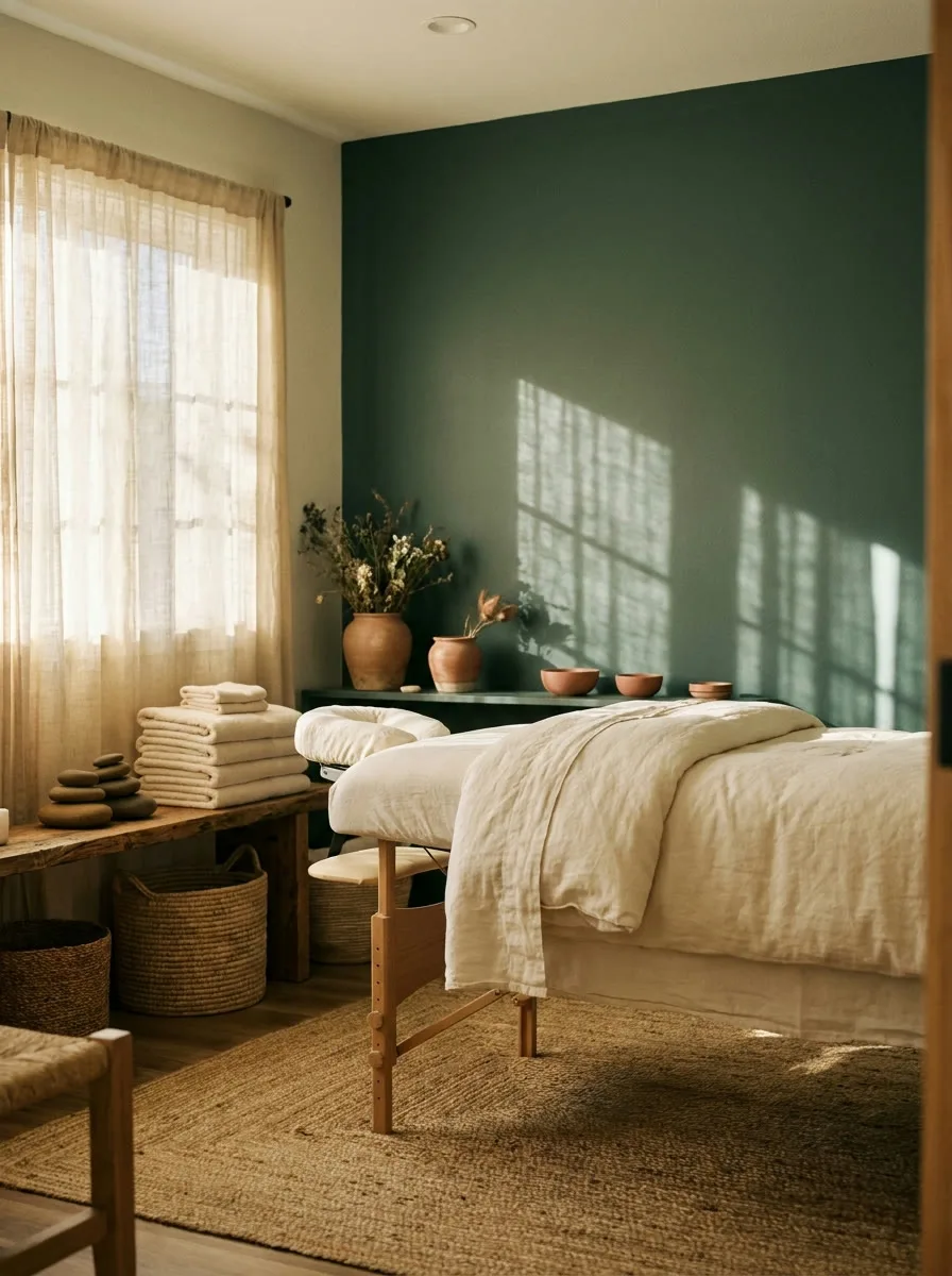 A therapist’s forearms pressing along a client’s upper back in warm light