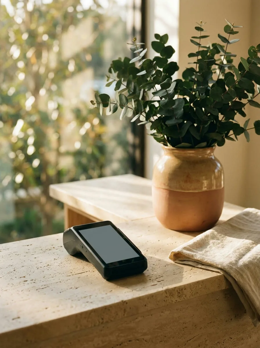 A warm reception counter with a card terminal beside eucalyptus