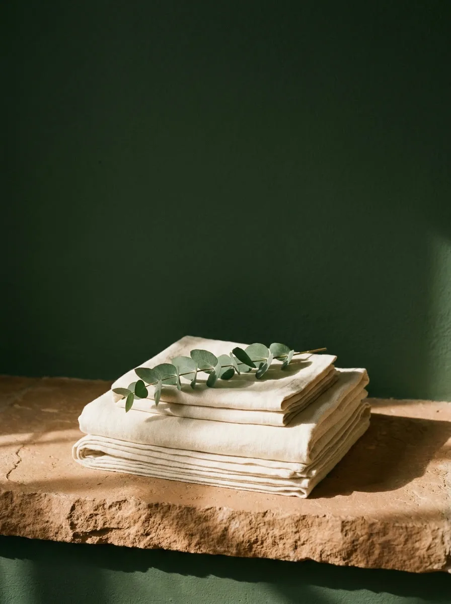 Cream towels topped with eucalyptus against a deep green wall