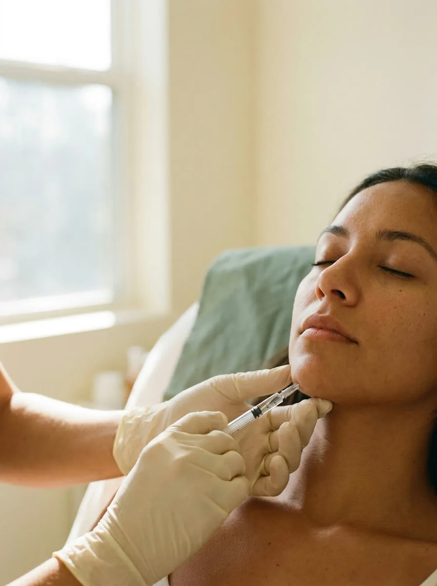 A syringe held gently beside a woman’s relaxed jawline