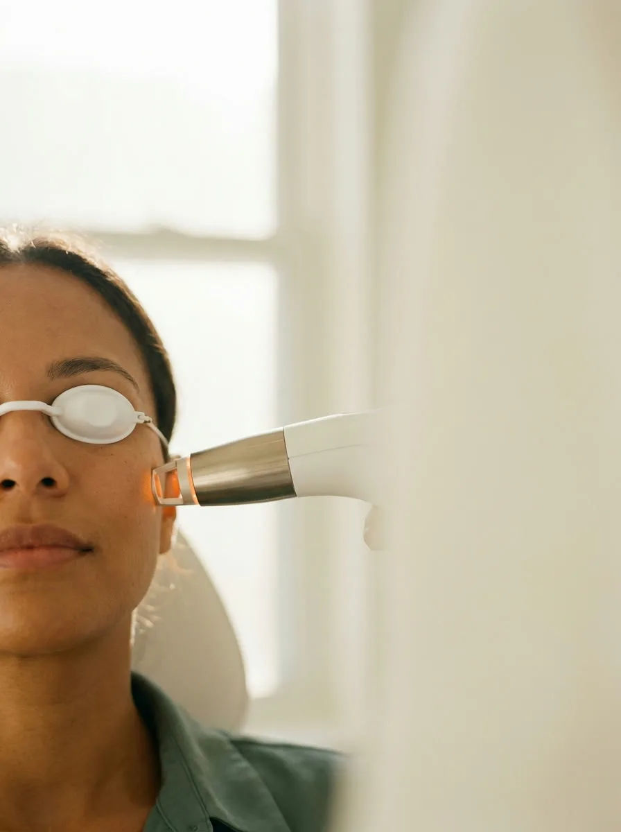 A laser handpiece gliding over skin in soft light