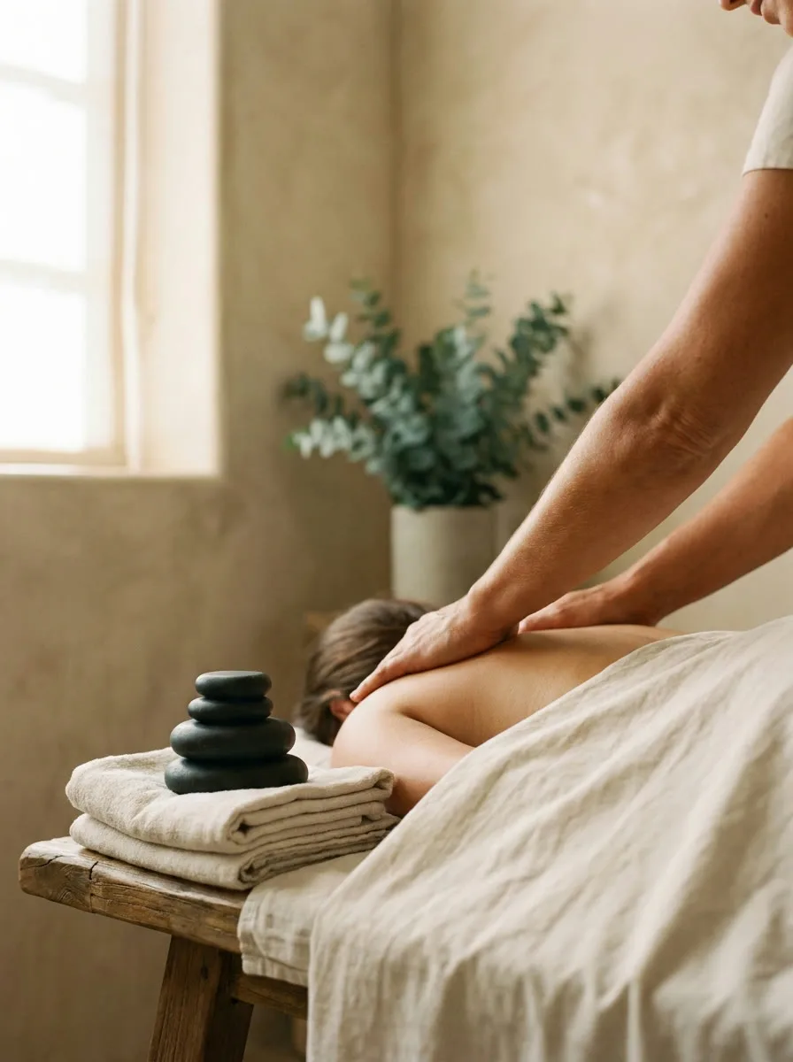 Warm stones and folded linens beside a massage in progress
