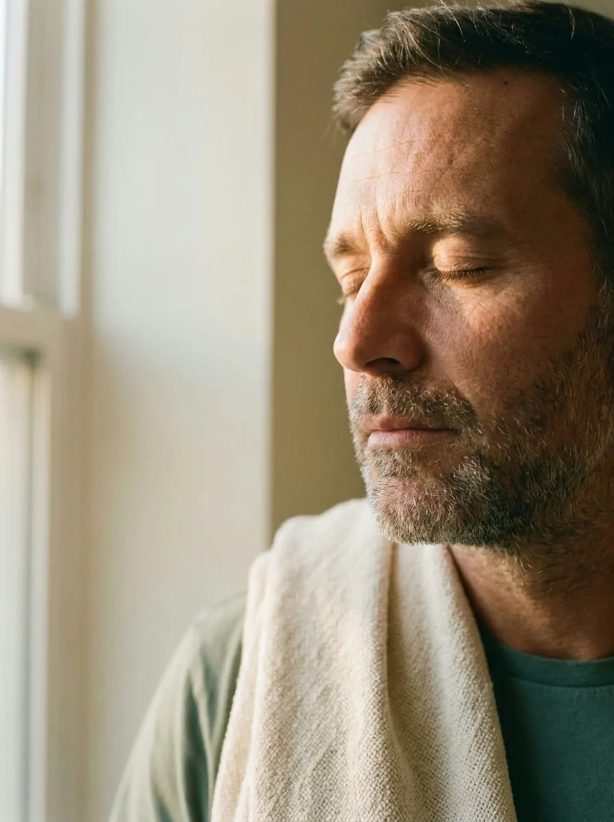 A man with eyes closed under dappled leaf light