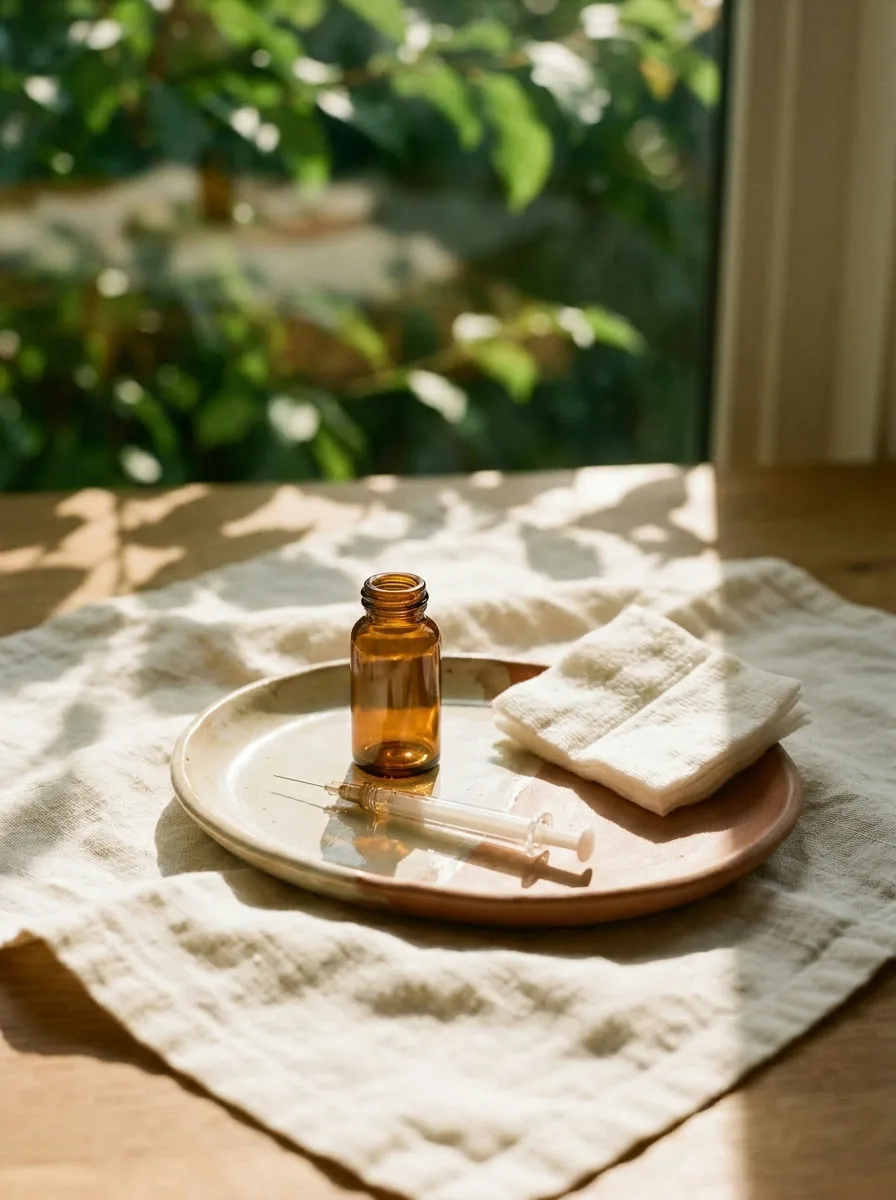 A B-12 vial and fine syringe resting on a ceramic tray