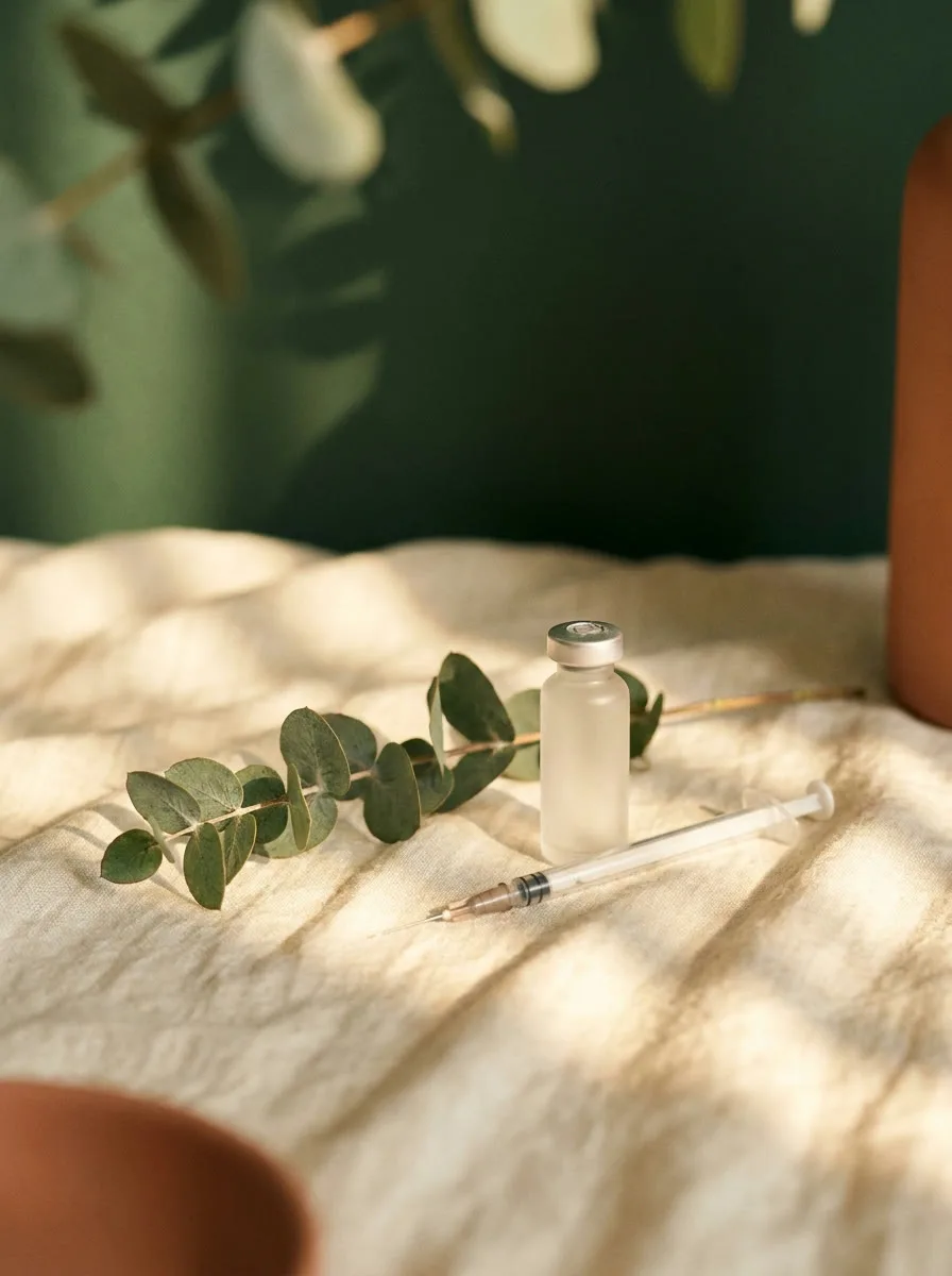 A calm injectable treatment moment in warm light