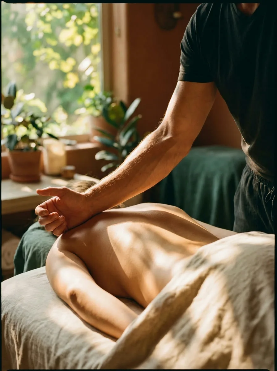 Focused pressure along the upper back in warm light
