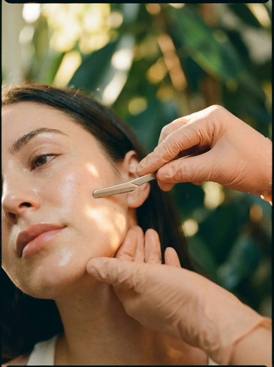 A precise dermaplaning stroke on glowing skin