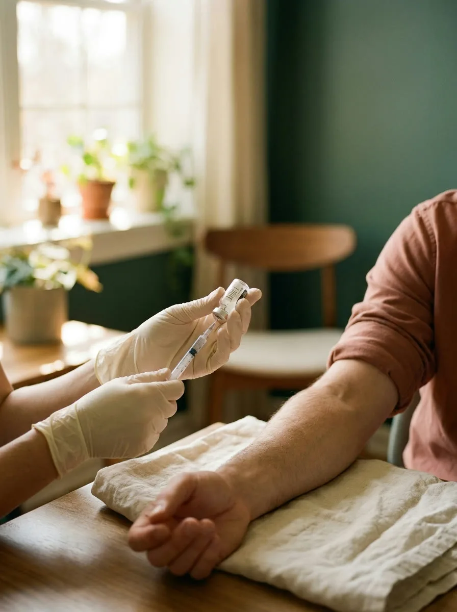 A clinician drawing medication from a vial beside a man’s forearm