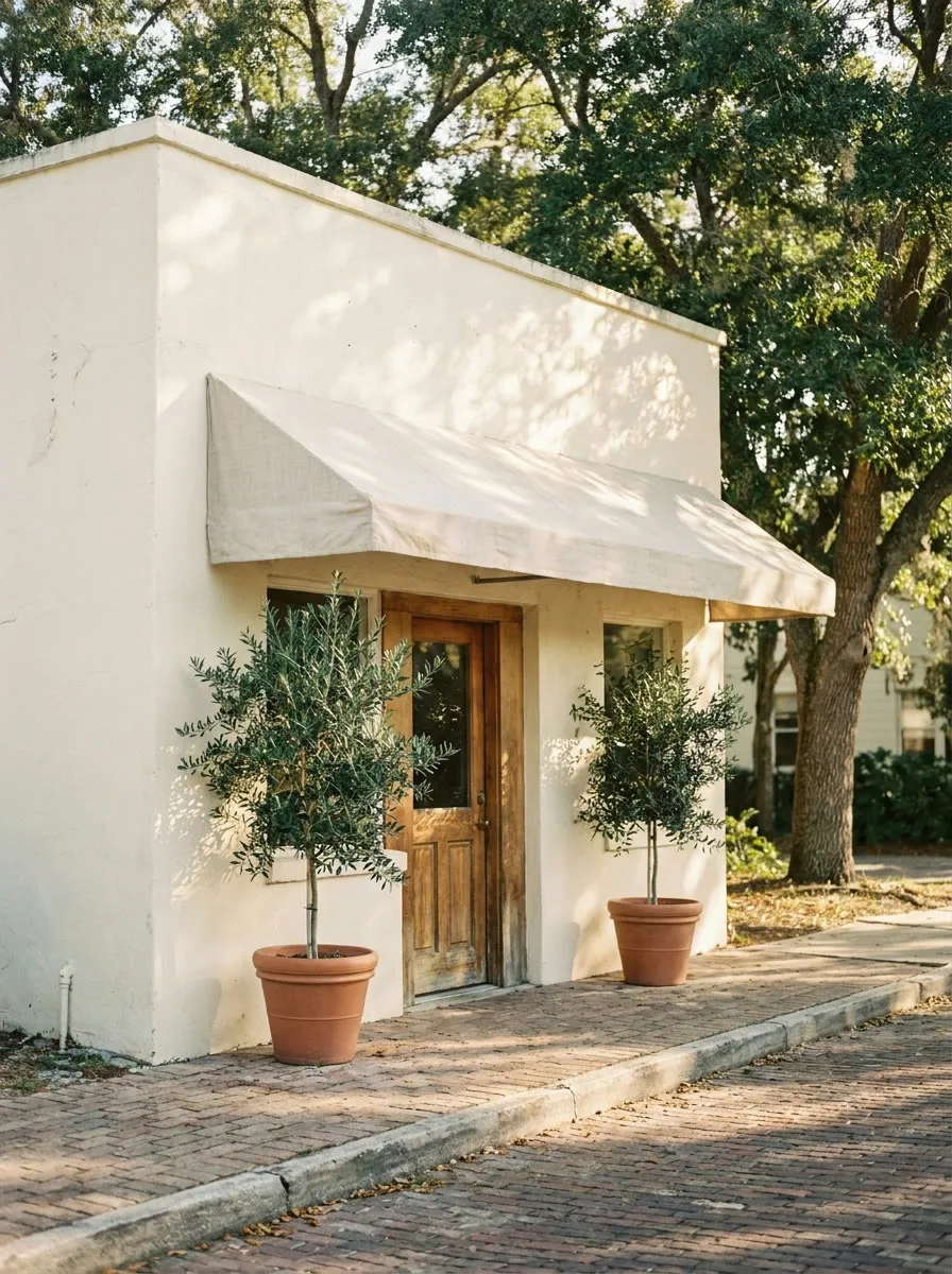 A cream storefront on Main Street in dappled morning light